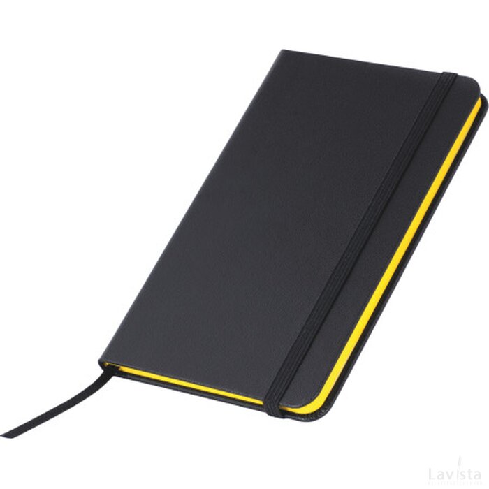 Notitieboekje A6 zwart met kleuropsnede, elastiek en leeslint, 60 pagina`s geel