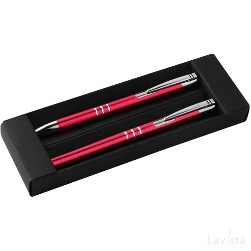 Aluminium schrijfset met een pen en rollerbal rood
