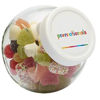 Glazen snoeppot 395 ml wit kunststof deksel gevuld met snoep categorie BASIS transparant Glazen snoeppot 395 ml wit kunststof deksel gevuld met snoep categorie BASIS transparant