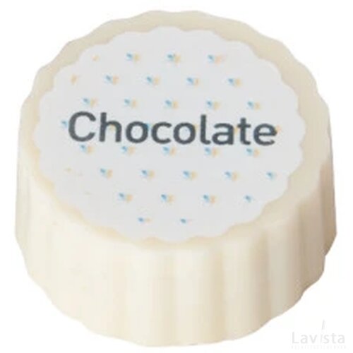 Logobonbon van witte chocolade met hazelnoot praline, rechthoekig of rond, opdruk tot in full colour, bulk verpakt custom made