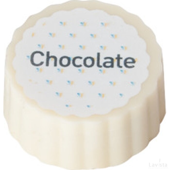 Logobonbon van witte chocolade met hazelnoot praline, rechthoekig of rond, opdruk tot in full colour, bulk verpakt custom made
