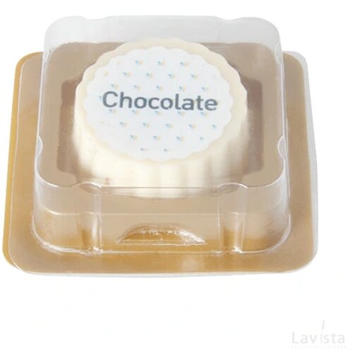 Logobonbon van witte chocolade met hazelnoot praline, rechthoekig of rond, opdruk tot in full colour, per stuk verpakt custom made