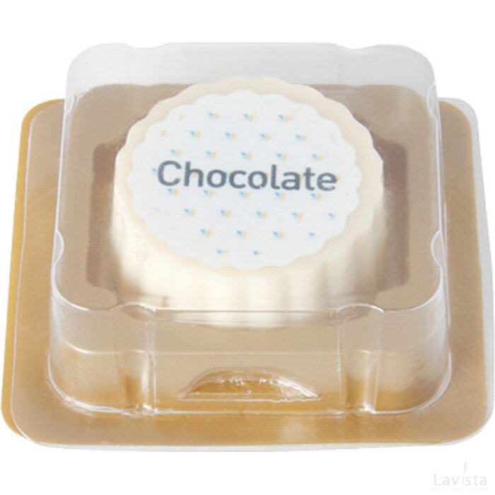 Logobonbon van witte chocolade met hazelnoot praline, rechthoekig of rond, opdruk tot in full colour, per stuk verpakt custom made