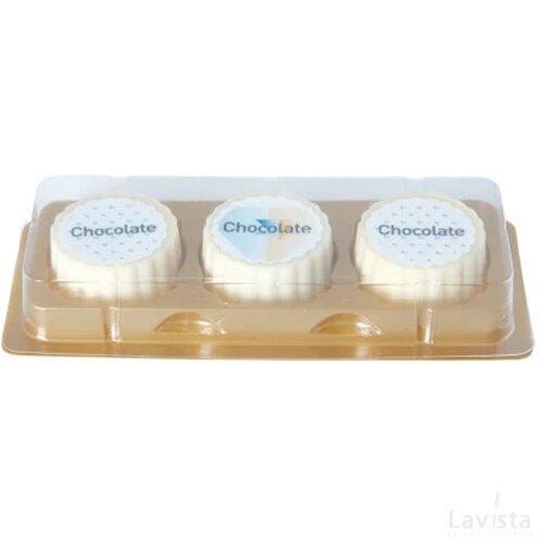 Logobonbon van witte chocolade met hazelnoot praline, rechthoekig of rond, opdruk tot in full colour, per 3 stuks verpakt custom made