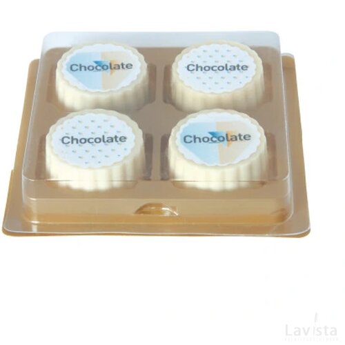 Logobonbon van witte chocolade met hazelnoot praline, rechthoekig of rond, opdruk tot in full colour, per 4 stuks verpakt custom made