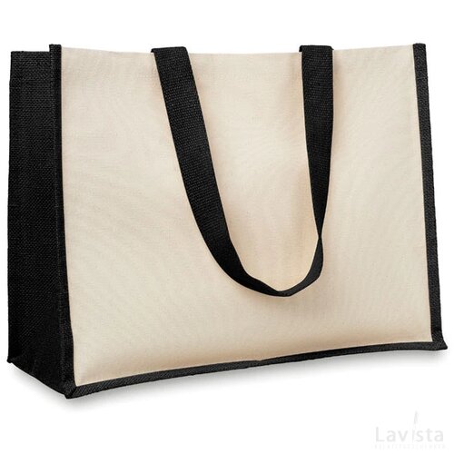 Jute/canvas boodschappentas Campo de fiori zwart