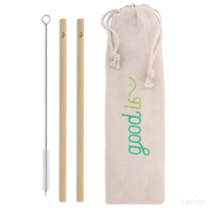 Bamboo rietjes en borstel set Natural straw beige