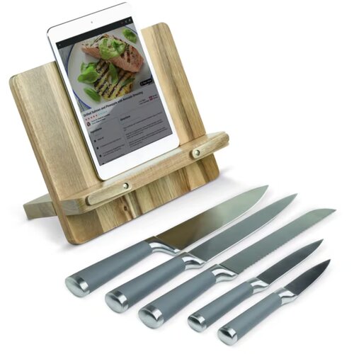 Houten kookboekstandaard met 5 messen Bruin