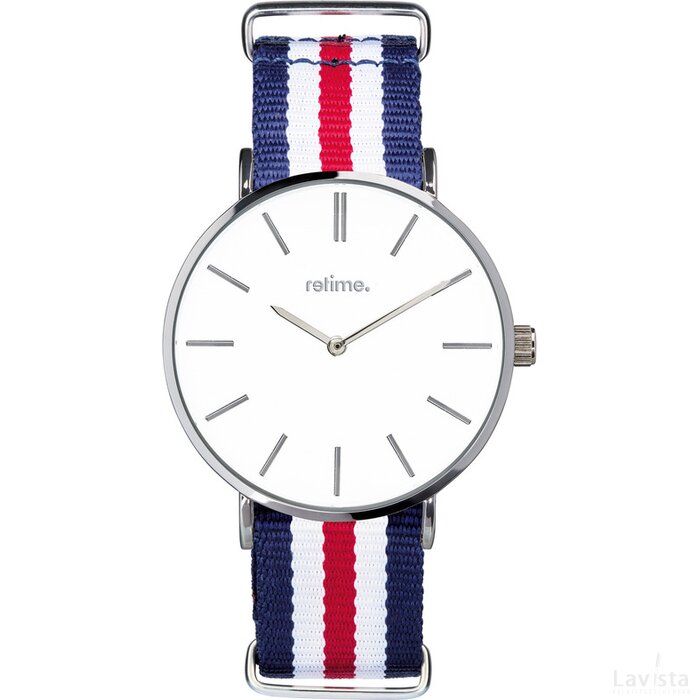 Polshorloge Retime-Basic blauw/wit/rood, zilver, wit