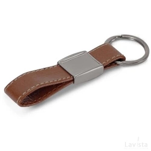 Sleutelhanger metaal met echt leer cognac