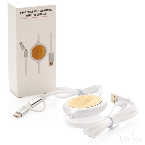 3-in-1 bamboe oplaadkabel met 5W draadloze oplader wit