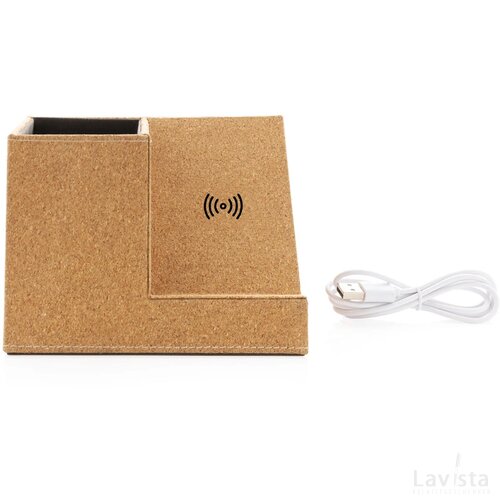 Kurken pen houder met 5W draadloze oplader khaki