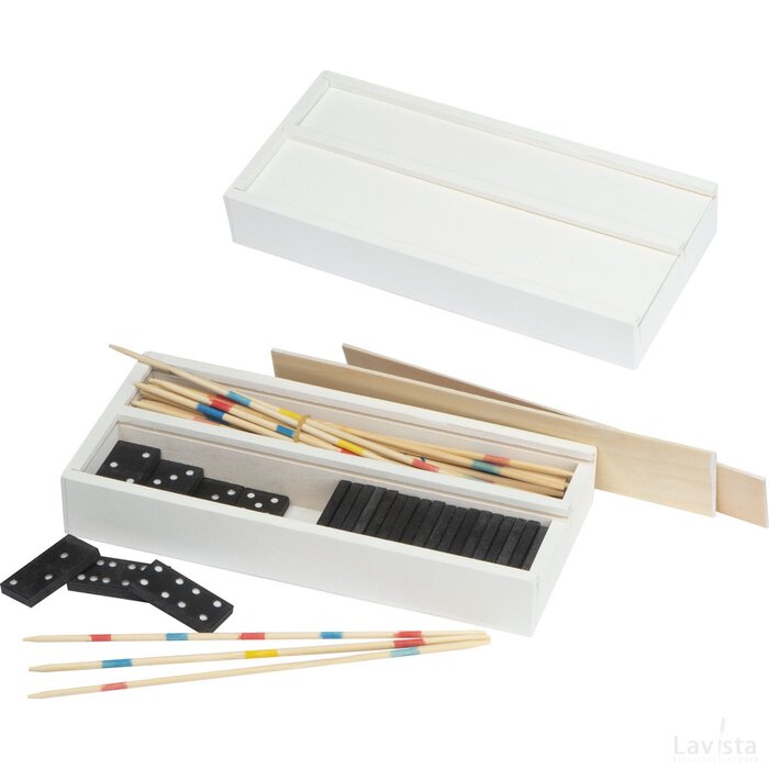 Mikado en dominospel in een houten box wit