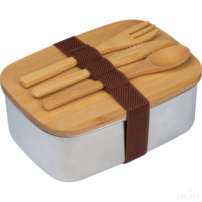 Grote lunchbox met bestek en deksel van bamboe beige