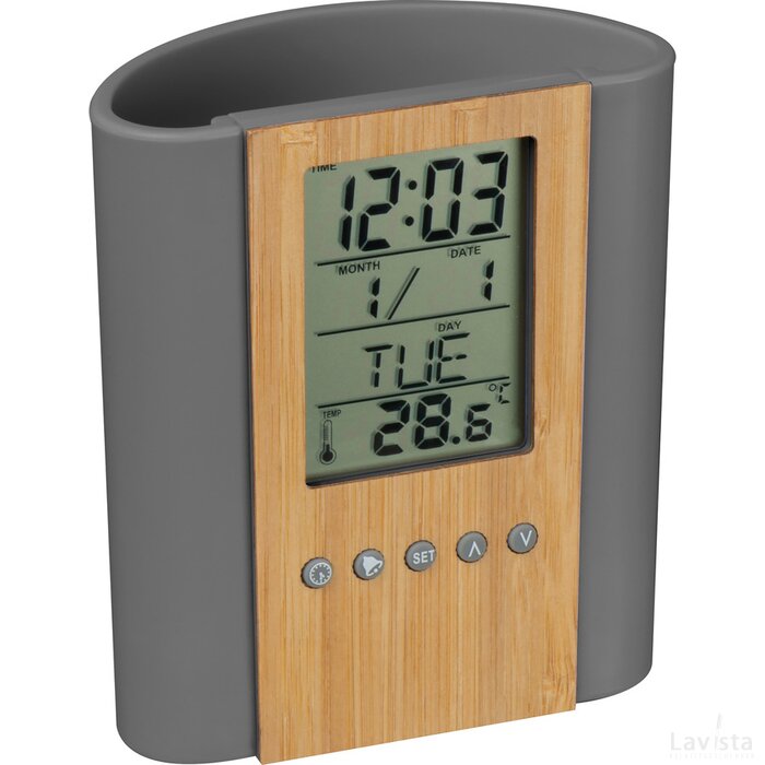 Pennenhouder met klok, thermometer van bamboe en ABS grijs silvergrey zilvergrijs