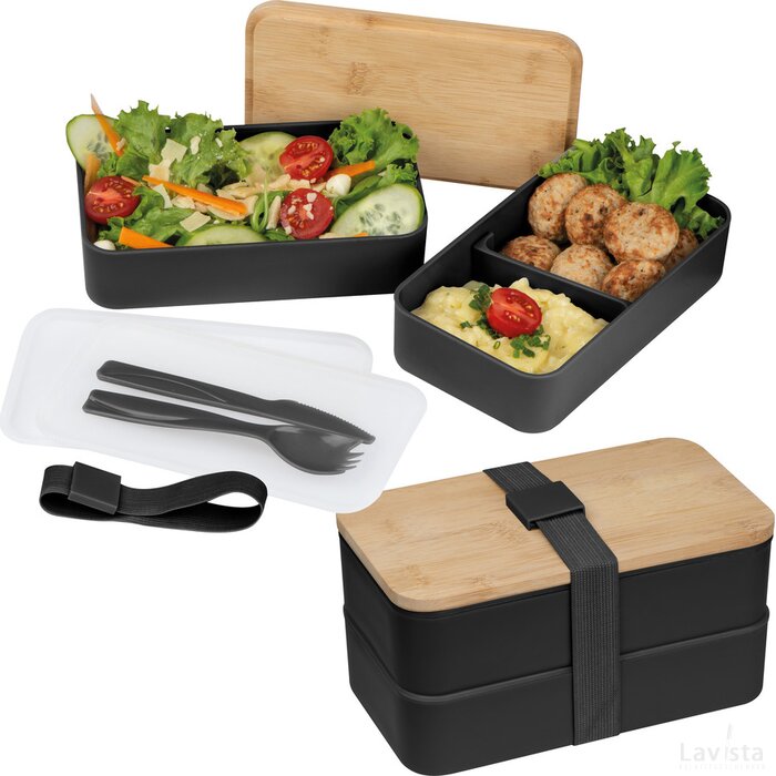 Dubbel-laags lunchbox van PP en bamboe zwart