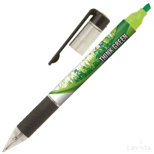 DELOS balpen met textmarker in full colour all over bedrukt lichtgroen