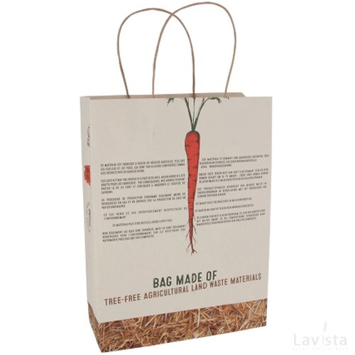 Draagtas van 100% boomvrij papier van agrarisch restmateriaal, 130 gsm, 180x90x230 mm. custom made