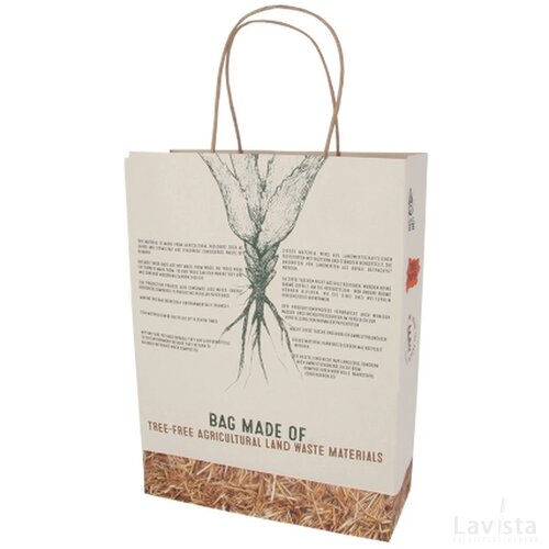 Draagtas van 100% boomvrij papier van agrarisch restmateriaal, 130 gsm, 180x90x230 mm. custom made