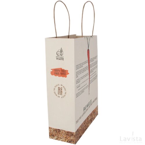 Draagtas van 100% boomvrij papier van agrarisch restmateriaal, 130 gsm, 180x90x230 mm. custom made