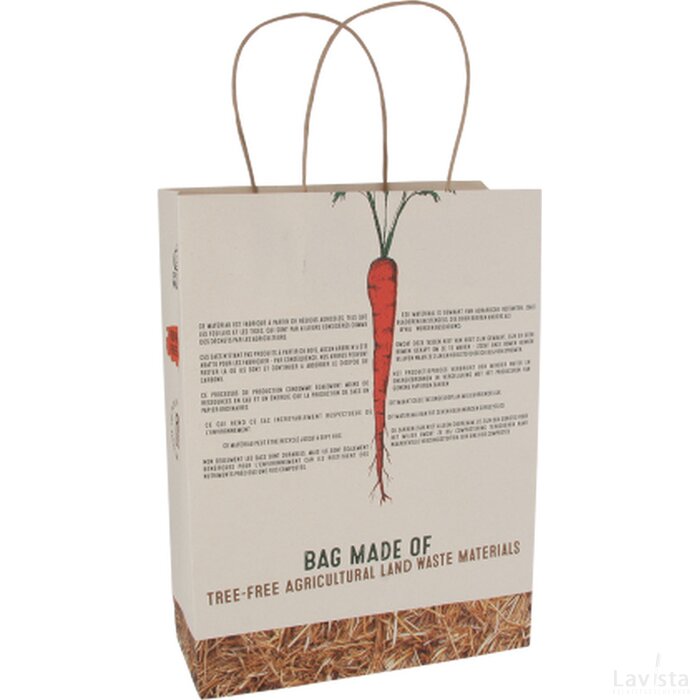Draagtas van 100% boomvrij papier van agrarisch restmateriaal, 130 gsm, 240x90x320 mm. custom made