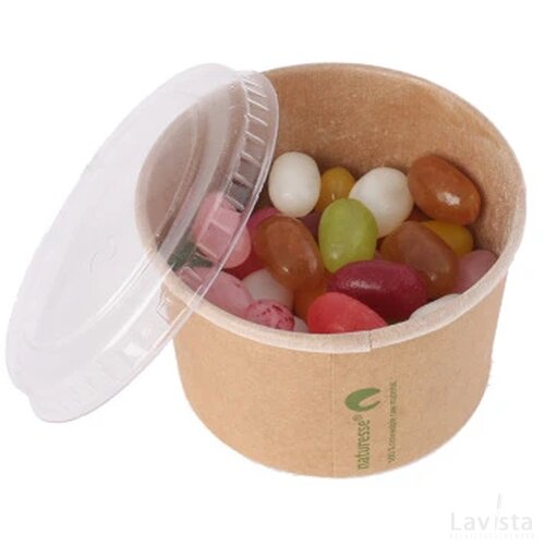 Snoeppot kraft karton met deksel 100 ml, gevuld met ca. 70 gr. DutchDex hartjes met natuurlijke smaak- en kleurstoffen ecru