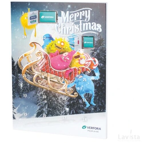 Adventskalender A3 tot in full colour bedrukt + chocolaatjes met bedrukte sleeve custom made