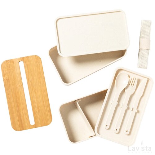 Lunchbox met bestek & telefoonhouder Naturel