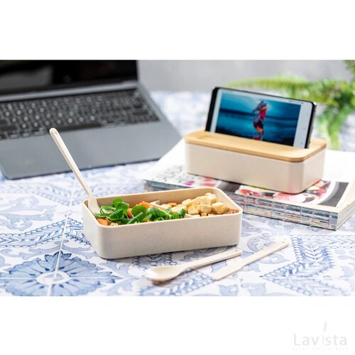 Lunchbox met bestek & telefoonhouder Naturel