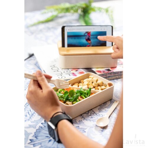 Lunchbox met bestek & telefoonhouder Naturel