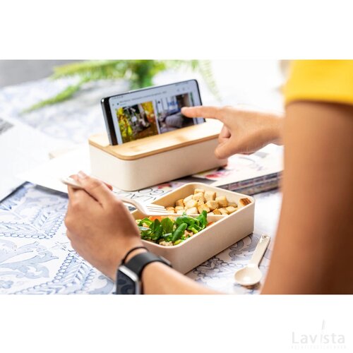 Lunchbox met bestek & telefoonhouder Naturel