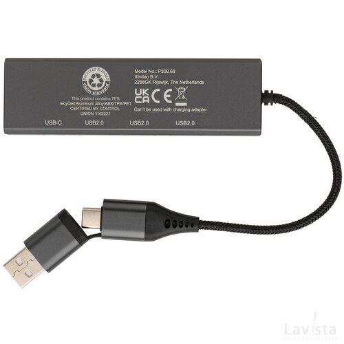 Terra RCS gerecycled aluminium hub met 3 USB-poorten grijs