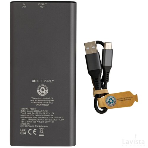 Terra RCS gerecyclede 20W aluminium powerbank 20.000 mAh grijs