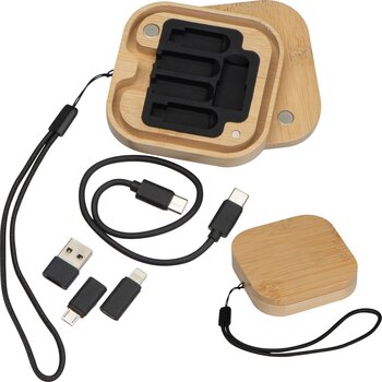 Kabel- en adapterset in bamboe doosje beige