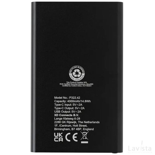RCS gerecycled plastic/alu 4000 mah powerbank met type C zwart