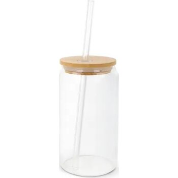 Glas met bamboe deksel & rietje 450 ml transparant