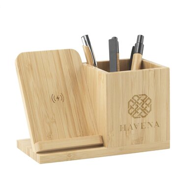 Bamboo Penhouder Met Draadloze Oplader Bruin Bamboo Penhouder Met Draadloze Oplader Bruin