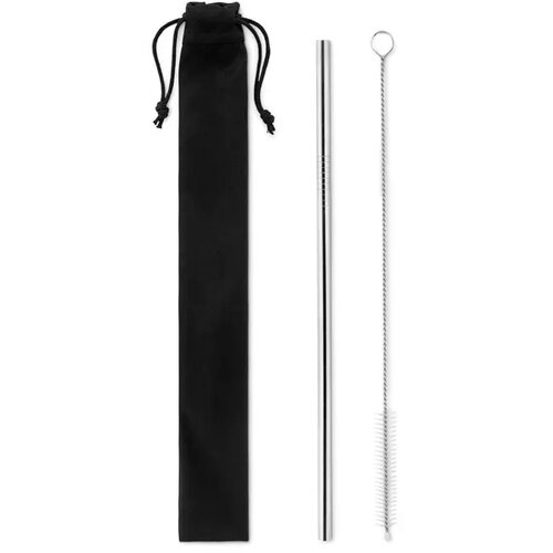 Rietje en flessenborstel Cold straw mat zilver