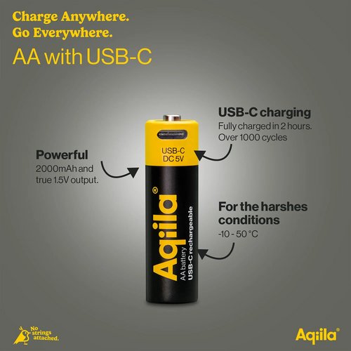 Aqiila Oplaadbare USB-C Batterijen AA 2000mAh 4-pack zwart