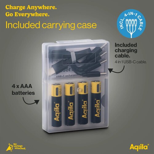 Aqiila Oplaadbare USB-C Batterijen AAA 600mAh 4-pack zwart