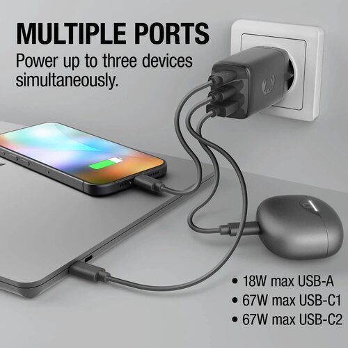 Fresh 'n Rebel 67W Laptop Snellader GaN USB-C &amp; USB-A donker grijs