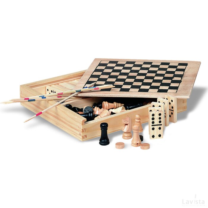 4 spelletjes in houten doos Trikes hout