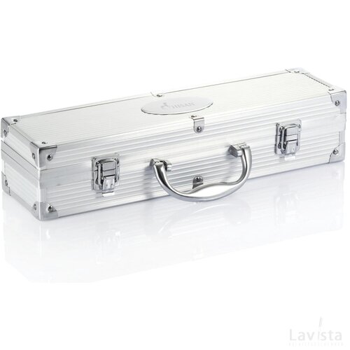 3-delige barbecue set in aluminium koffer zilver, zwart