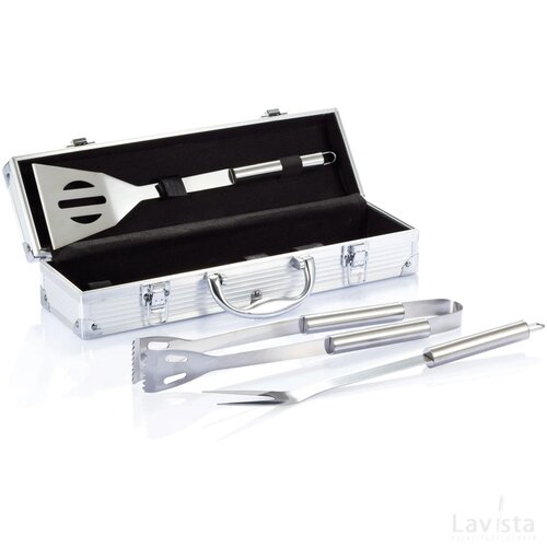 3-delige barbecue set in aluminium koffer zilver, zwart
