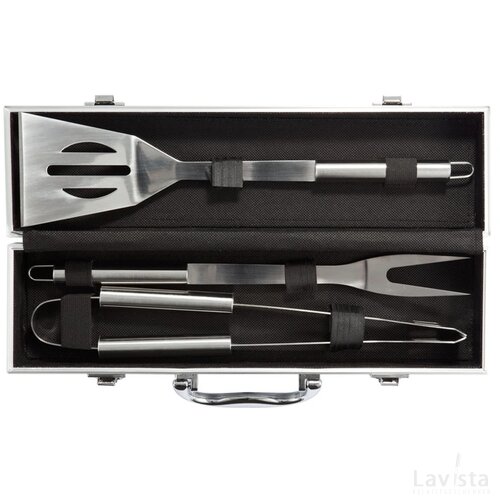 3-delige barbecue set in aluminium koffer zilver, zwart
